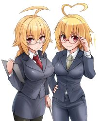 Rule 34 | 2girls, ahoge, aino heart, alternate costume, alternate hair color, arcana heart, blazblue, blazblue: cross tag battle, blonde hair, braid, breasts, business suit, es (xblaze), formal, hand on own hip, highres, large breasts, long hair, medium breasts, multiple girls, office lady, pants, red eyes, skirt, smile, suit, tagme, white background