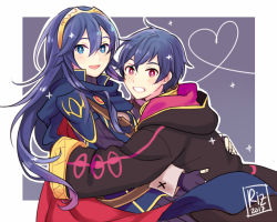 Rule 34 | 1boy, 1girl, armor, blue background, blue eyes, blue hair, brother and sister, cape, dinikee, fire emblem, fire emblem awakening, long hair, looking at viewer, lucina (fire emblem), morgan (fire emblem), morgan (male) (fire emblem), nintendo, pauldrons, red eyes, short hair, shoulder armor, siblings, signature, simple background, smile