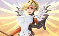Rule 34 | 1girl, backlighting, black gloves, blonde hair, blue eyes, breasts, cloud, eyelashes, from below, gloves, glowing, glowing wings, halo, high ponytail, highres, holding, holding weapon, horiishi horuto, large breasts, long hair, looking at viewer, md5 mismatch, mechanical halo, mechanical wings, mercy (overwatch), outstretched arm, overwatch, overwatch 1, palms, sky, solo, sun, swiss flag, upper body, wallpaper, weapon, wing print, wings, yellow wings