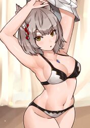 Rule 34 | absurdres, animal ears, armpits, arms up, black bra, black panties, bra, braid, breasts, cat ears, chest jewel, cleavage, commentary request, core crystal (xenoblade), grey hair, highres, looking at viewer, medium breasts, mio (xenoblade), navel, open mouth, panties, short hair, solo, two-tone bra, two-tone panties, underwear, undressing, white bra, white panties, xenoblade chronicles (series), xenoblade chronicles 3, yellow eyes, yotsuha uni
