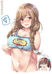 Rule 34 | 2girls, alternate costume, arm behind back, asagumo (kancolle), bare shoulders, blush, bottomless, braid, breast envy, breasts, brown eyes, brown hair, cleavage, collarbone, commentary request, constricted pupils, cowboy shot, ebifurya, embarrassed, groin, highres, kantai collection, large breasts, light brown hair, long hair, looking at another, looking at viewer, minegumo (kancolle), multiple girls, navel, open mouth, out-of-frame censoring, shaded face, spoken squiggle, squiggle, swept bangs, tank top, tears, twin braids, twitter username, wavy mouth, white background