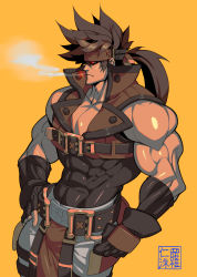 1boy bara bare_shoulders belt_buckle brown_hair buckle cigarette covered_abs fingerless_gloves gloves glowing glowing_eye guilty_gear harness headgear highres large_pectorals long_hair male_focus muscular na_insoo open_clothes pectorals pelvic_curtain ponytail red_eyes shiny_skin simple_background sleeveless smoking sol_badguy solo spiked_hair tight_clothes yellow_background