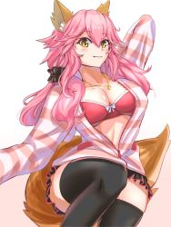Rule 34 | 1girl, animal ear fluff, animal ears, black thighhighs, blush, bra, breasts, cleavage, collar, collarbone, fate/extra, fate/extra ccc, fate (series), fox ears, fox girl, fox tail, highres, large breasts, looking at viewer, official alternate costume, open clothes, open shirt, pink bra, pink hair, solo, tail, tamamo (fate), tamamo no mae (fate/extra), tamamo no mae (spring casual) (fate), thighhighs, underwear, yahan (mctr5253), yellow eyes