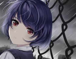 Rule 34 | 1girl, absurdres, blue hair, blue sweater vest, bob cut, chain-link fence, commentary, domestic na kanojo, dress shirt, dutch angle, fence, ghostcortex, grey sky, highres, looking at viewer, looking back, messy hair, parted lips, rain, red eyes, school uniform, shirt, short hair, sky, solo, sweater vest, tachibana rui, white shirt, wind
