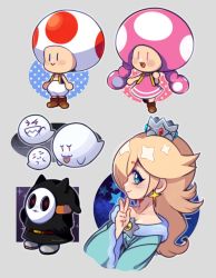Rule 34 | 1boy, 2girls, artist name, blonde hair, blue dress, boo (mario), boots, braid, brown footwear, closed mouth, crown, dress, earrings, highres, jewelry, long hair, long sleeves, looking at viewer, mario (series), multiple girls, nintendo, open mouth, pink dress, quartette, rosalina, shy guy, star (symbol), star earrings, toad (mario), toadette, twin braids, w, wide sleeves