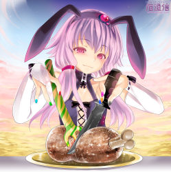 Rule 34 | 1girl, :3, animal ears, boned meat, rabbit ears, playboy bunny, elbow gloves, fake animal ears, fingerless gloves, food, fork, gloves, highres, knife, long hair, meat, namamo nanase, pink eyes, pink hair, plate, sexually suggestive, smirk, solo, twintails, very long hair, vocaloid, voiceroid, when you see it, white gloves, yuzuki yukari