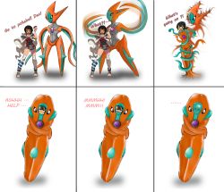 Rule 34 | 1girl, ahegao, bdsm, black hair, bodysuit, bondage, bound, clenched teeth, comic, creatures (company), crying, crying with eyes open, deoxys, gagged, game freak, gen 3 pokemon, highres, latex, mummification, mythical pokemon, nintendo, open mouth, pokemon, pokemon (creature), red eyes, solo, standing, tears, teeth, tentacles, vore, zinnia (pokemon)