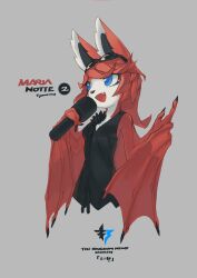 1girl 2018 absurdres animal_ears bat_(animal) bat_ears bat_girl bat_tail bat_wings black_dress black_nails blue_eyes breasts chinese_commentary cleavage commentary dress english_commentary eyewear_on_head freedom_planet freedom_planet_2 furry furry_female high_heels highres krita_(medium) looking_ahead maria_notte medium_breasts medium_hair open_mouth puffy_shorts red_fur red_hair shorts signature simple_background smile sunglasses tsurime tyson_tan upper_body white_shorts wings