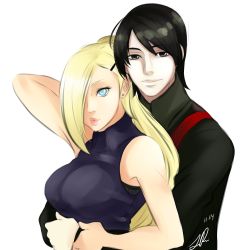Rule 34 | 1boy, 1girl, aqua eyes, black eyes, black hair, blonde hair, breasts, couple, hair ornament, hair over one eye, hairclip, hetero, highres, hug, hug from behind, husband and wife, large breasts, littleartistgirl, long hair, looking at viewer, naruto (series), naruto shippuuden, non-web source, aged up, pale skin, ponytail, sai, spoilers, white background, yamanaka ino