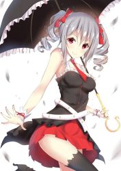 Rule 34 | 10s, 1girl, black nails, black shirt, black thighhighs, black umbrella, bow, breasts, cleavage, dress shirt, drill hair, frilled umbrella, frills, hair bow, hair ribbon, high heels, highres, holding, holding umbrella, idolmaster, idolmaster cinderella girls, kanzaki ranko, leg up, long hair, looking at viewer, medium breasts, miniskirt, nail polish, necktie, pleated skirt, red eyes, red necktie, red ribbon, red skirt, ribbon, seedkeng, shirt, short necktie, sideboob, silver hair, simple background, skirt, sleeveless, sleeveless shirt, smile, solo, standing, standing on one leg, thighhighs, twin drills, twintails, umbrella, white background, wrist cuffs