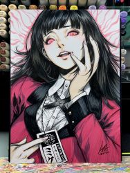 Rule 34 | 1girl, art tools in frame, black hair, blunt bangs, bolo tie, card, collared shirt, commentary, english commentary, finger to mouth, formal, glowing, glowing eyes, highres, hime cut, jabami yumeko, jacket, jewelry, kakegurui, long hair, marker (medium), nail polish, necklace, open mouth, pink nails, red eyes, red jacket, red suit, shirt, signature, stanley lau, suit, suit jacket, traditional media, white shirt