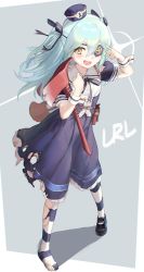 Rule 34 | 1girl, aqua hair, axe, character name, dress, eyepatch, full body, hair between eyes, hair ribbon, hat, highres, holding, holding axe, last origin, long hair, looking at viewer, lrl (last origin), mel (dodosae), open mouth, pantyhose, puffy short sleeves, puffy sleeves, ribbon, shoes, short sleeves, simple background, single shoe, solo, standing, striped clothes, striped legwear, striped pantyhose, torn clothes, torn legwear, two side up, wrist cuffs, yellow eyes