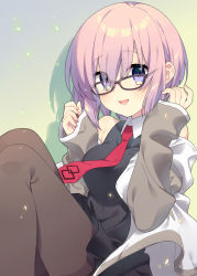 Rule 34 | eyes visible through hair, fate/grand order, fate (series), glasses, highres, hood, hoodie, looking at viewer, mash kyrielight, necktie, open mouth, pantyhose, pink hair, purple eyes, red necktie, smile, solo, toko yoshi