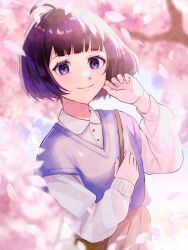Rule 34 | 1girl, ahoge, amatori chika, bag, branch, closed mouth, day, detached sleeves, dress shirt, hand up, highres, long sleeves, looking at viewer, nature, petals, pink skirt, popon wt, purple eyes, purple hair, shirt, short hair, shoulder bag, skirt, smile, solo, spring (season), sweater vest, upper body, white shirt, wind, world trigger