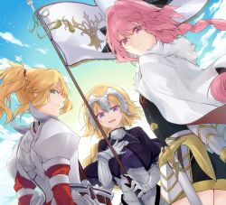 Rule 34 | 1boy, 2girls, armor, armored dress, astolfo (fate), blonde hair, blue eyes, blush, braid, fate/apocrypha, fate/grand order, fate (series), headpiece, highres, jeanne d&#039;arc (fate), jeanne d&#039;arc (ruler) (fate), kan&#039;yu (citron 82), long hair, looking at viewer, mordred (fate), mordred (fate/apocrypha), multiple girls, open mouth, pink hair, ponytail, smile, trap