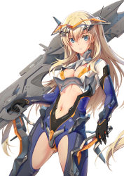 Rule 34 | 1girl, blonde hair, blue eyes, blush, bodysuit, breasts, cleavage, cowboy shot, elbow gloves, gloves, gun, hair between eyes, headgear, highres, holding, holding gun, holding weapon, legs apart, long hair, looking at viewer, mecha, mecha musume, medium breasts, navel, one side up, original, parted lips, pinakes, robot, science fiction, sidelocks, simple background, solo, standing, straight hair, thighs, trigger discipline, very long hair, weapon, white background