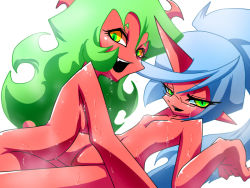 Rule 34 | 10s, 2girls, blue hair, breasts, colored skin, demon girl, glasses, green hair, horns, incest, kneesocks (psg), light areolae, long hair, multiple girls, nabe (ingenmame), nipples, nude, official style, open mouth, panty &amp; stocking with garterbelt, pointy ears, red skin, scanty (psg), siblings, single horn, sisters, small breasts, wet, yellow eyes, yuri