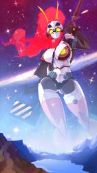 Rule 34 | 1girl, absurdres, antennae, bikini, bikini top only, bracelet, breasts, cleavage, colored skin, doll joints, fusion, galaxy, gun, highres, humanoid robot, jewelry, joints, large breasts, mecha musume, mechanization, pink thighhighs, planet, red hair, rifle, robot, robot girl, sky, sniper rifle, square of light, star (sky), starry sky, swimsuit, tengen toppa gurren-lagann (mecha), tengen toppa gurren lagann, thighhighs, weapon, white skin, yellow eyes, yoko littner
