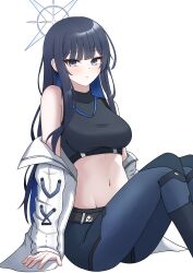 Rule 34 | 1girl, absurdres, bare shoulders, belt, black belt, black eyes, black hair, black pants, black shirt, blue archive, blue hair, blunt bangs, breasts, closed mouth, colored inner hair, crop top, cropped shirt, expressionless, feet out of frame, groin, halo, highres, jacket, knees up, light blush, long hair, long sleeves, looking at viewer, medium breasts, midriff, mollra, multicolored hair, navel, off shoulder, open clothes, open jacket, pants, saori (blue archive), shirt, sidelocks, simple background, sitting, sleeveless, sleeveless shirt, solo, white background, white halo, white jacket