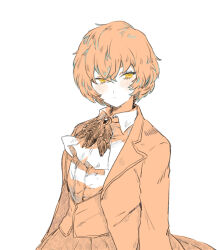 Rule 34 | 1girl, angela (project moon), ascot, closed mouth, coat, collared shirt, library of ruina, long sleeves, looking at viewer, monochrome, orange theme, project moon, shirt, short hair, simple background, skirt, solo, uchimura (rino0525), upper body, vest, yellow eyes
