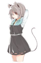 Rule 34 | 1girl, akagashi hagane, animal ears, arms up, capelet, grey hair, long sleeves, looking at viewer, mouse ears, mouse tail, nazrin, profile, red eyes, shirt, short hair, simple background, skirt, skirt set, solo, tail, touhou, vest, white background