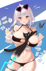 Rule 34 | !, 1girl, animal between breasts, azur lane, bare shoulders, between breasts, bikini, black bikini, black cat, blush, breasts, bug, butterfly, cat, commentary request, eyewear on head, frills, hair between eyes, halterneck, heart, heart-shaped eyewear, highres, bug, large breasts, nanam (nanam sk), navel, o-ring, o-ring bikini, o-ring top, open mouth, pink-framed eyewear, scrunchie, sidelocks, silver hair, sirius (azur lane), sirius (scorching-hot seirios) (azur lane), sunglasses, sweat, swimsuit, thigh strap, thighs, wet, white scrunchie, wrist scrunchie