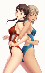 Rule 34 | 2girls, ass, ass-to-ass, back-to-back, blonde hair, breasts, brown hair, competition swimsuit, covered erect nipples, dark-skinned female, dark skin, highleg, highleg swimsuit, highres, impossible clothes, impossible swimsuit, kuri (kurigohan), large breasts, locked arms, low twintails, medium breasts, mizuno (brand), multiple girls, one-piece swimsuit, profile, red eyes, shiny skin, short hair, sideboob, skin tight, swimsuit, twintails, yellow eyes