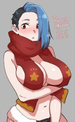 Rule 34 | 1girl, 2021, agawa ryou, artist name, bare shoulders, black hair, blue hair, blush, breasts, commentary, dated, dyed bangs, english commentary, grey background, large breasts, long hair, looking at viewer, midriff, multicolored hair, navel, original, red eyes, red scarf, scarf, signature, simple background, solo, two-tone hair, undercut