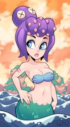 Rule 34 | 10s, 1girl, bare arms, bare shoulders, bikini, blue eyes, breasts, cala maria (cuphead), cleavage, cloud, cloudy sky, cuphead (game), giant, giantess, hand on own hip, highres, lips, medium breasts, mermaid, monster girl, ocean, parted lips, purple hair, shell, shell bikini, sky, solo, stomach, swimsuit, tentacle hair, water, x x