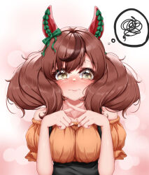 Rule 34 | 1girl, absurdres, animal ears, black dress, blush, brown eyes, brown hair, casual, closed mouth, commentary, crossed fingers, dress, ear covers, frilled sleeves, frills, frown, highres, horse ears, horse girl, looking at viewer, medium hair, multicolored hair, nice nature (umamusume), off-shoulder shirt, off shoulder, orange shirt, pinafore dress, shirt, short sleeves, sleeveless, sleeveless dress, solo, spoken squiggle, squiggle, streaked hair, tabunshake, umamusume