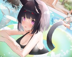 Rule 34 | 2girls, absurdres, animal ears, azur lane, bare arms, black hair, blurry, blush, breasts, cat ears, cat tail, character request, cleavage, cotton kanzaki, depth of field, dutch angle, eyewear on head, from side, highres, innertube, leaning forward, multiple girls, open mouth, outdoors, pool, purple eyes, school swimsuit, short hair, solo focus, suzutsuki (azur lane), suzutsuki (beachside attendant!) (azur lane), swim ring, swimsuit, tail, water, wet, yamashiro (azur lane), yamashiro (summer offensive?) (azur lane)