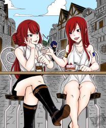 Rule 34 | 1boy, 2girls, breasts, cleavage, erza scarlet, fairy tail, highres, irene belserion, jellal fernandes, large breasts, long hair, mature female, mother and daughter, multiple girls, red hair, smile