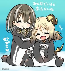 Rule 34 | +++, 2girls, :d, ^ ^, animal, animal costume, arknights, bad id, bad pixiv id, bird, blonde hair, blush, brown hair, closed eyes, closed mouth, commentary request, crescent, crescent earrings, curled horns, earrings, facing viewer, gradient hair, grey hair, hair between eyes, hood, hood down, horns, ifrit (arknights), jewelry, magallan (arknights), mashiro miru, multicolored hair, multiple girls, open mouth, parted bangs, penguin, penguin costume, respirator, sitting, smile, streaked hair, translation request, twintails, v-shaped eyebrows