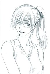 Rule 34 | 1girl, glasses, looking at viewer, mitarashi kousei, monochrome, ponytail, simple background, smile, solo, upper body, white background