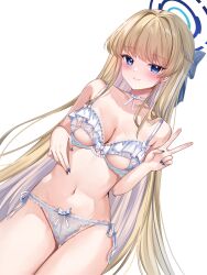 Rule 34 | 1girl, blonde hair, blue archive, blue eyes, blue nails, blush, bra, breasts, choker, cleavage, closed mouth, groin, halo, highres, katsushika pachi, lingerie, long hair, medium breasts, navel, panties, revision, simple background, smile, solo, stomach, thighs, toki (blue archive), underwear, underwear only, v, very long hair, white background, white choker