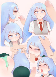 Rule 34 | 10s, 1boy, 1girl, :o, ^^^, ass, blue eyes, blue hair, blue panties, blush, boku no hero academia, censored, dress shirt, fellatio, green skirt, hadou nejire, hand on another&#039;s head, licking, licking penis, long hair, mosaic censoring, multiple views, necktie, one eye closed, open mouth, oral, panties, parted lips, penis, penis awe, pov, saliva, saliva trail, school uniform, shirt, short sleeves, shpo, skirt, tears, tongue, tongue out, u.a. school uniform, underwear, very long hair, vest