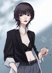 1girl asagi_ryo belt black_hair bra brown_eyes cigarette hand_in_pocket highres lip_piercing lips medium_hair midriff nail_polish open_clothes open_shirt original piercing simple_background smoke solo underwear wolf_cut