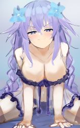 Rule 34 | absurdres, bare shoulders, belly, bimmy, blue eyes, braid, breasts, cleavage, grey background, hair ornament, hairclip, highres, impatient, lingerie, long hair, medium breasts, midriff, neptune (neptunia), neptune (series), purple hair, purple heart (neptunia), smug, thighs, underwear, very long hair, you gonna get raped