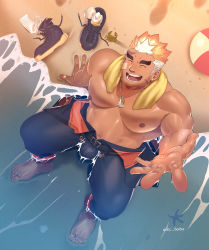 Rule 34 | 1boy, :d, ^ ^, arm support, ball, bandaid, bandaid on cheek, bandaid on face, bara, barefoot, beach, beachball, beckoning, belt, black footwear, black pants, blonde hair, boots, bulge, closed eyes, clothes pull, commentary request, crab, dark-skinned male, dark skin, day, dog tags, earrings, elec bobo, facial hair, facial scar, footprints, from above, full body, gradient hair, highres, jacket, jacket pull, jewelry, large pectorals, male focus, mature male, multicolored clothes, multicolored hair, multicolored jacket, muscular, muscular male, navel, nipples, open mouth, orange hair, outstretched arm, pants, partially submerged, pectorals, reaching, reaching towards viewer, sand, scar, scar on cheek, scar on face, scar on forehead, short hair, single earring, sitting, smile, socks, solo, spread legs, starfish, stomach, teeth, thick eyebrows, thick thighs, thighs, tokyo houkago summoners, topless male, twitter username, two-tone jacket, ulaanbaatar (housamo), unworn boots, unworn shirt, veins, veiny arms, water, wet, wet clothes, white socks