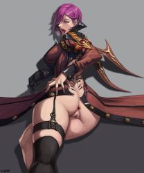 Rule 34 | 1girl, after anal, aftersex, ahegao, anus, ass, back tattoo, blood fairy (kritika), bottomless, from behind, gaping, garter straps, hair over one eye, kritika, looking at viewer, looking back, purple hair, pussy, scyther (kritika), single thighhigh, spread anus, tattoo, thighhighs, tramp stamp, uncensored, xxoom