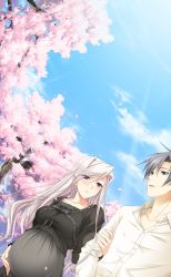 Rule 34 | 1boy, 1girl, breasts, charlotte hazellink, cherry blossoms, couple, dutch angle, game cg, grey eyes, highres, husband and wife, outdoors, pink hair, pregnant, princess lover, purple eyes, silver hair, sky, spring (season), summer