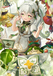 Rule 34 | 1girl, :d, absurdres, alternate costume, apron, aranara (genshin impact), asahi (vjss4548), book, bowl, child, commentary request, cross-shaped pupils, dress, fingernails, food, fruit, genshin impact, gradient hair, green dress, green eyes, green hair, grey hair, hair between eyes, hair ornament, hands up, highres, holding, holding spoon, index finger raised, lace, lace-trimmed apron, lace-trimmed skirt, lace trim, leaf hair ornament, looking at viewer, multicolored hair, nahida (genshin impact), open book, open mouth, pointy ears, short sleeves, side ponytail, sidelocks, skirt, smile, solo, spoon, standing, streaked hair, sunlight, symbol-shaped pupils, tile floor, tiles, white apron