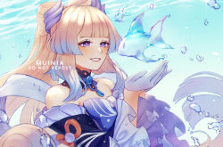 Rule 34 | 1girl, absurdres, bare shoulders, blonde hair, blue bow, blue hair, blunt bangs, blunt ends, blush, bow, bowtie, bubble, commentary, dress, english commentary, fish, frilled sleeves, frills, genshin impact, gloves, hagoromo, hands up, highres, light blue hair, long hair, long sleeves, looking at another, muimushi, multicolored hair, off-shoulder dress, off shoulder, open mouth, purple eyes, sangonomiya kokomi, shawl, smile, solo, streaked hair, thick eyebrows, translucent, underwater, upper body, white gloves, wide sleeves