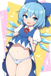 Rule 34 | 1girl, blue bow, blue dress, blue eyes, blue hair, blush, bow, cirno, collared shirt, cowboy shot, detached wings, dress, fairy, hair between eyes, hair bow, highres, ice, ice wings, open mouth, panties, puffy short sleeves, puffy sleeves, rizento, shirt, short hair, short sleeves, solo, striped clothes, striped panties, touhou, underwear, white shirt, wings