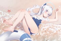 Rule 34 | 1girl, absurdres, arm up, armpits, ass, barefoot, beach, bei liou, blue archive, blue bow, blue halo, blue one-piece swimsuit, bow, breasts, casual one-piece swimsuit, commentary, eyelashes, feet, frilled one-piece swimsuit, frills, full body, grey hair, hair between eyes, hair bow, hair intakes, halo, hand up, highres, innertube, knees together feet apart, knees up, legs, long hair, looking at viewer, lying, miyako (blue archive), miyako (swimsuit) (blue archive), off-shoulder one-piece swimsuit, off shoulder, official alternate costume, on back, one-piece swimsuit, outdoors, parted lips, ponytail, purple eyes, revision, small breasts, soles, solo, starfish, swim ring, swimsuit, thighs, toenails, toes, two-tone one-piece swimsuit, white innertube