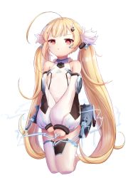 Rule 34 | 1girl, :o, azur lane, bad id, bad pixiv id, bare shoulders, blonde hair, blush, breasts, cannon, character name, collarbone, commentary request, detached sleeves, dress, eldridge (azur lane), electricity, facial mark, highres, kneehighs, long hair, long sleeves, looking at viewer, no shoes, parted lips, puffy long sleeves, puffy sleeves, red eyes, set (vrkdgus1), simple background, sleeveless, sleeveless dress, sleeves past wrists, small breasts, socks, solo, thighhighs, twintails, very long hair, white background, white dress, white socks