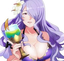 Rule 34 | 1girl, bikini, breasts, camilla (fire emblem), camilla (summer) (fire emblem), cleavage, collarbone, commentary request, cup, drinking glass, fire emblem, fire emblem heroes, flower, food, fruit, hair flower, hair ornament, hair over one eye, halterneck, hibiscus, holding, large breasts, long hair, nail polish, nintendo, open mouth, orange (fruit), orange slice, purple eyes, purple hair, purple nails, rem (eyes 410), simple background, solo, swimsuit, upper body, wavy hair, white background, wine glass