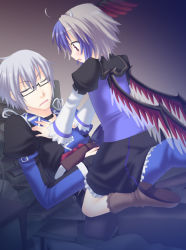 Rule 34 | 1boy, 1girl, black skirt, book, boots, bridal gauntlets, couple, curiosities of lotus asia, glasses, hand on another&#039;s chest, head wings, horns, long sleeves, looking at another, messy, morichika rinnosuke, multicolored hair, open mouth, puffy sleeves, red eyes, saki chisuzu, semi-rimless eyewear, short hair, silver hair, skirt, sleeping, straddling, tokiko (touhou), touhou, wings