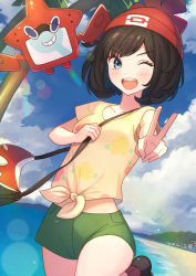 Rule 34 | 1girl, bad id, bad pixiv id, bag, beanie, black hair, blue eyes, blush, cloud, commentary request, creatures (company), day, eyelashes, game freak, gen 4 pokemon, green shorts, hat, highres, lens flare, looking at viewer, nintendo, one eye closed, open mouth, outdoors, palm tree, pokemon, pokemon (creature), pokemon sm, red headwear, rotom, rotom dex, sand, selene (pokemon), shirt, shore, short hair, short shorts, short sleeves, shorts, shoulder bag, sky, smile, t-shirt, tanbonota46, teeth, tied shirt, tongue, tree, upper teeth only, v, water