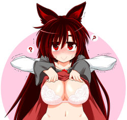 Rule 34 | 1girl, ?, animal ears, blush, bra, breasts, brooch, brown hair, collarbone, dress, hayashitsu, imaizumi kagerou, jewelry, large breasts, long hair, long sleeves, looking at viewer, navel, red eyes, solo, speech bubble, sweat, touhou, trembling, underwear, upper body, wavy mouth, white bra, wolf ears